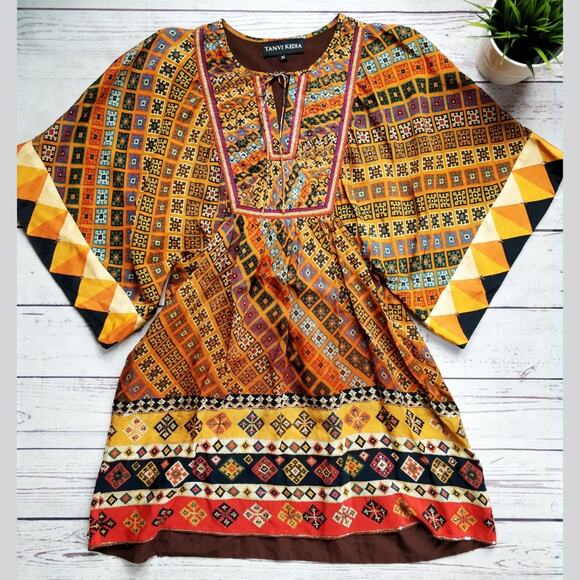 ANTHROPOLOGIE TANVI KEDIA Sumana Boho Printed Tassel Short Dress XS - Picture 2 of 8